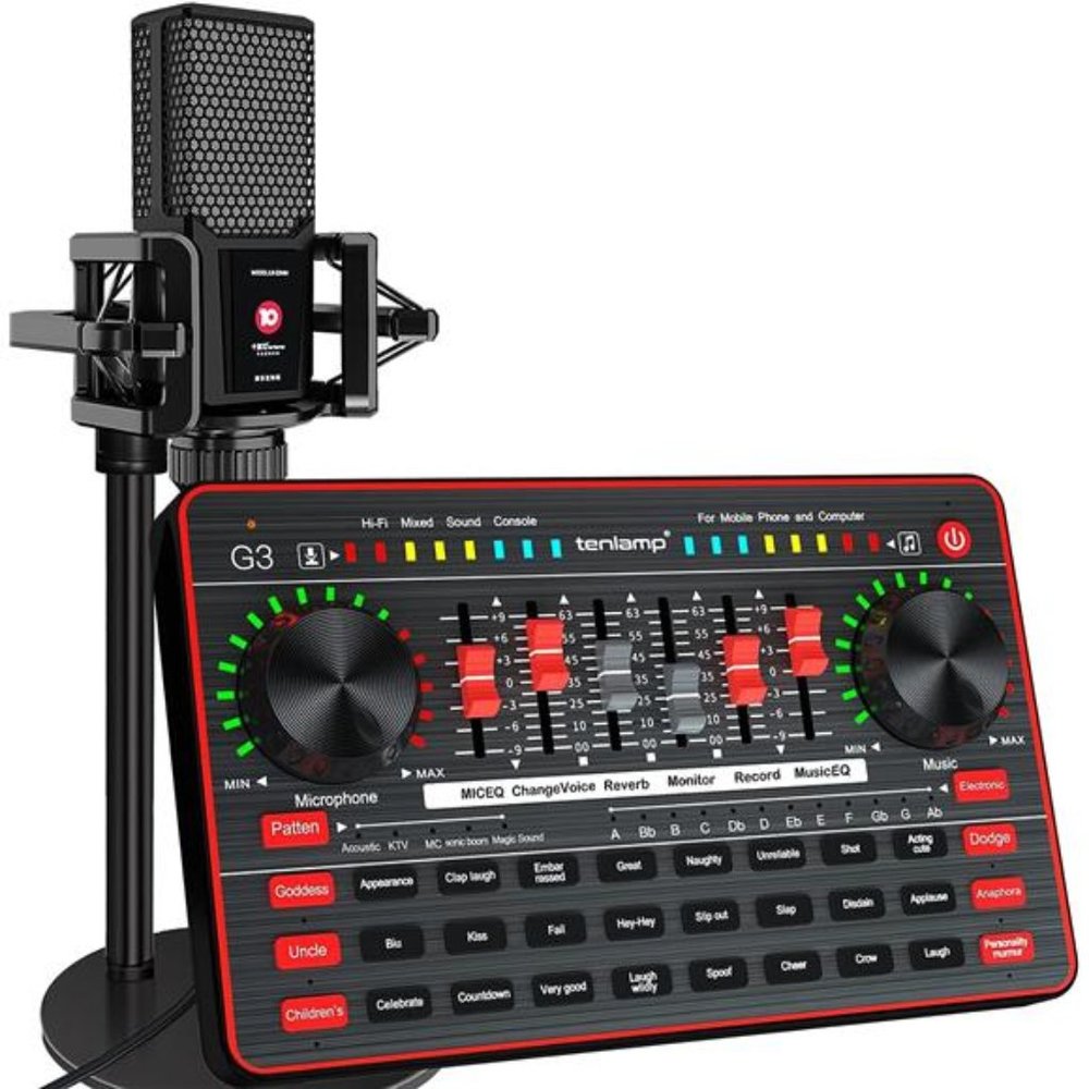 Podcast Microphone Live Sound Card Kit, Studio Condenser Mic with Sound Board